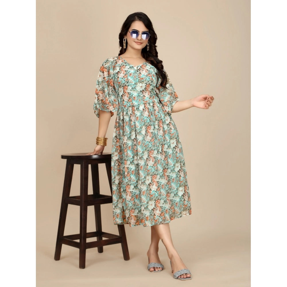 Generic Women's Georgette Printed Round Neck Short Sleeve Dress (Multicolor)