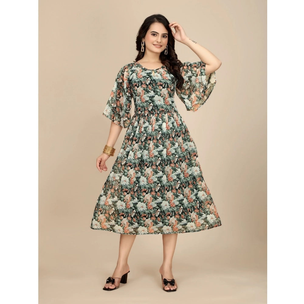 Generic Women's Georgette Printed Round Neck Short Sleeve Dress (Black)