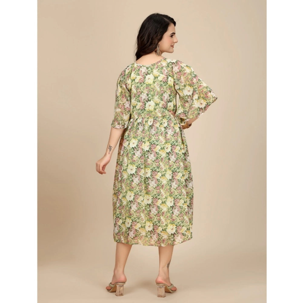 Generic Women's Georgette Printed Round Neck Short Sleeve Dress (Green)