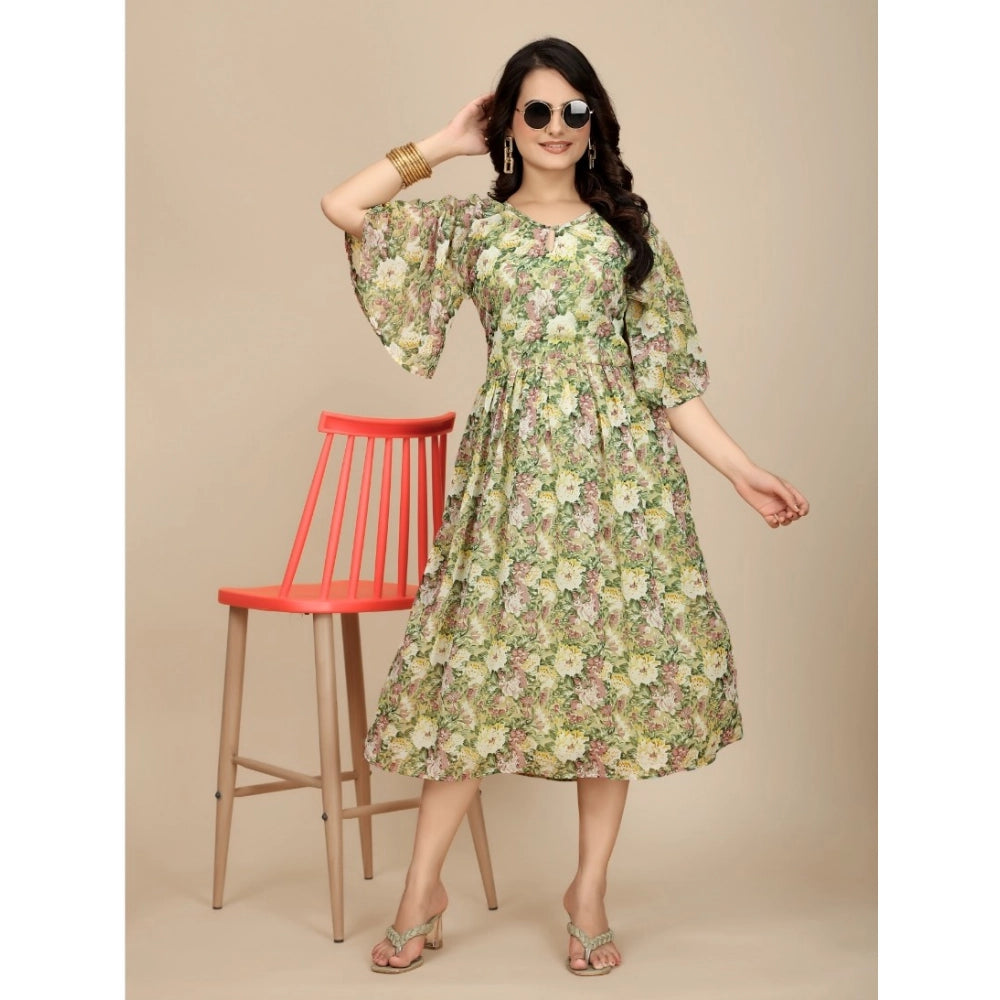 Generic Women's Georgette Printed Round Neck Short Sleeve Dress (Green)