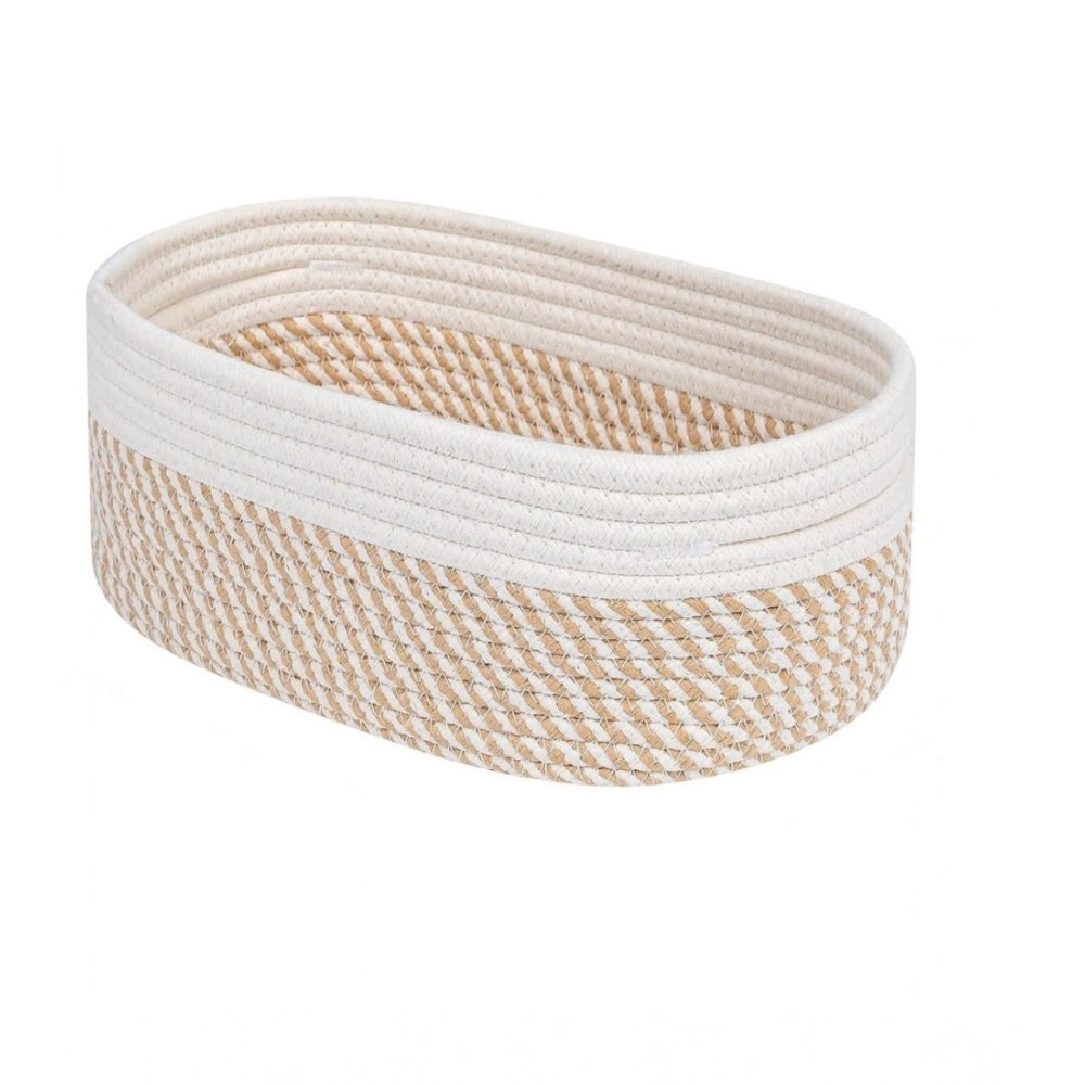 Generic Cotton Oval Storage Rope Woven Baskets Pack of 1 (Beige White)
