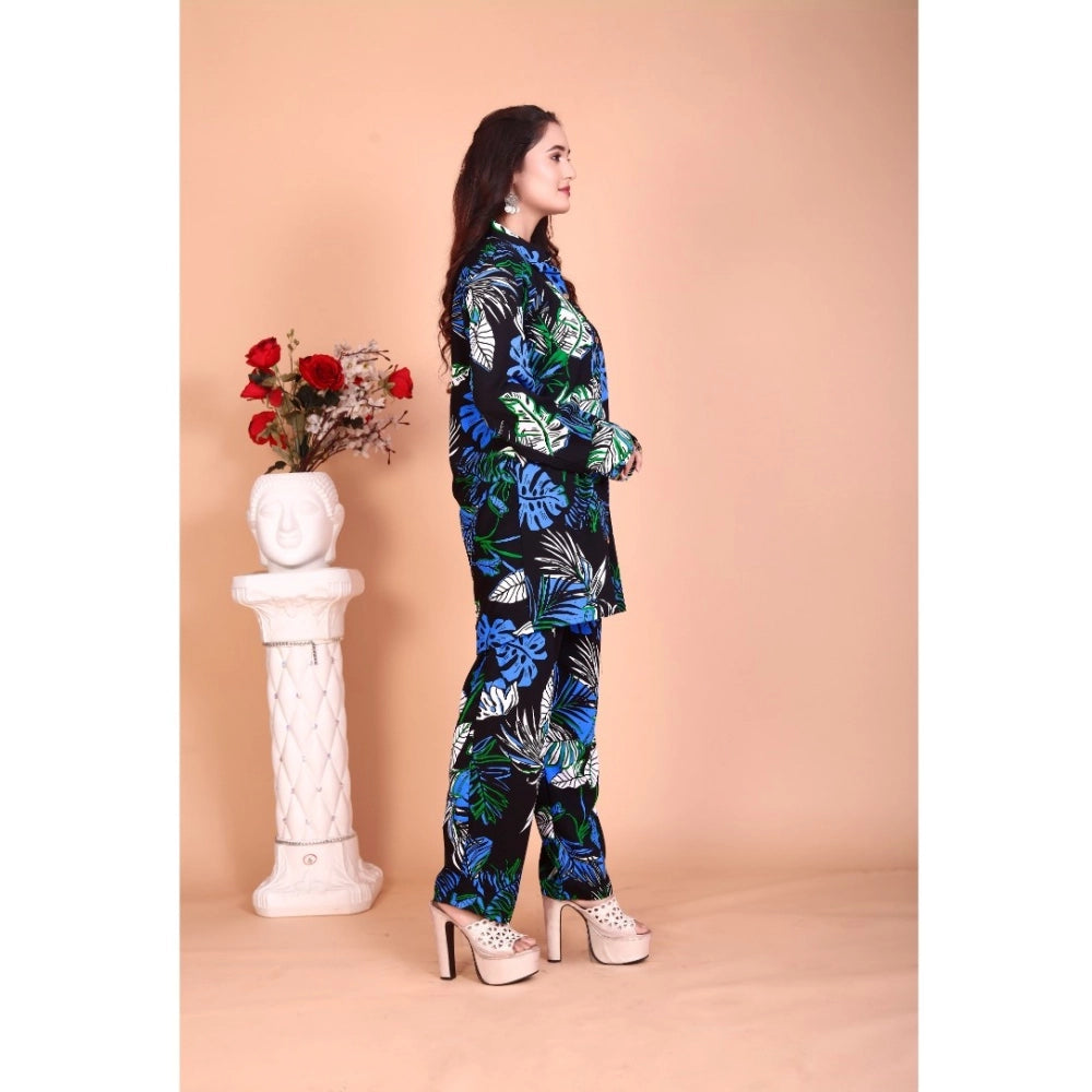 Generic Women's Rayon Printed Mandarin Collar Full Sleeve Co Ord Set (Black)