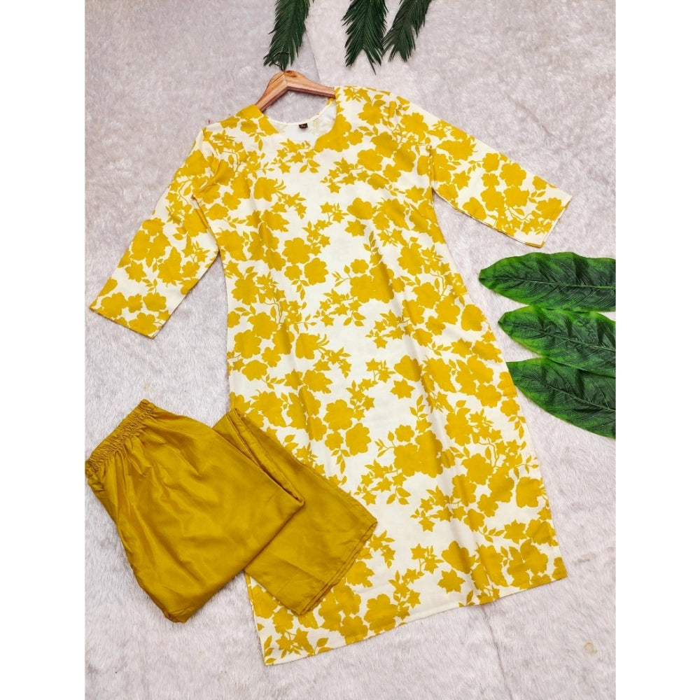 Generic Women's Rayon Printed Round Neck 3-4th Sleeve Kurti With Pant Set (Yellow)