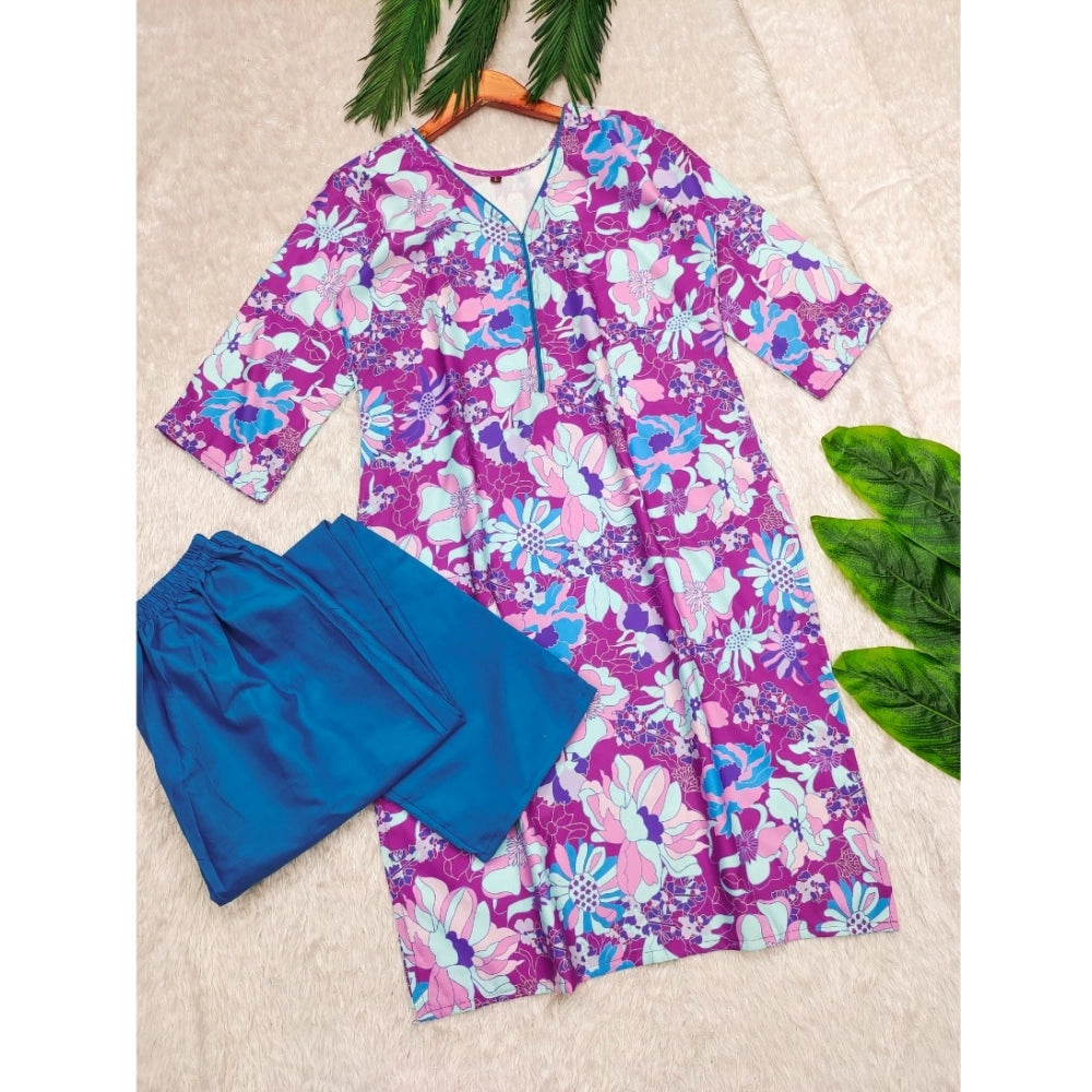 Generic Women's Rayon Printed V Neck 3-4th Sleeve Kurti With Pant Set (Purple)