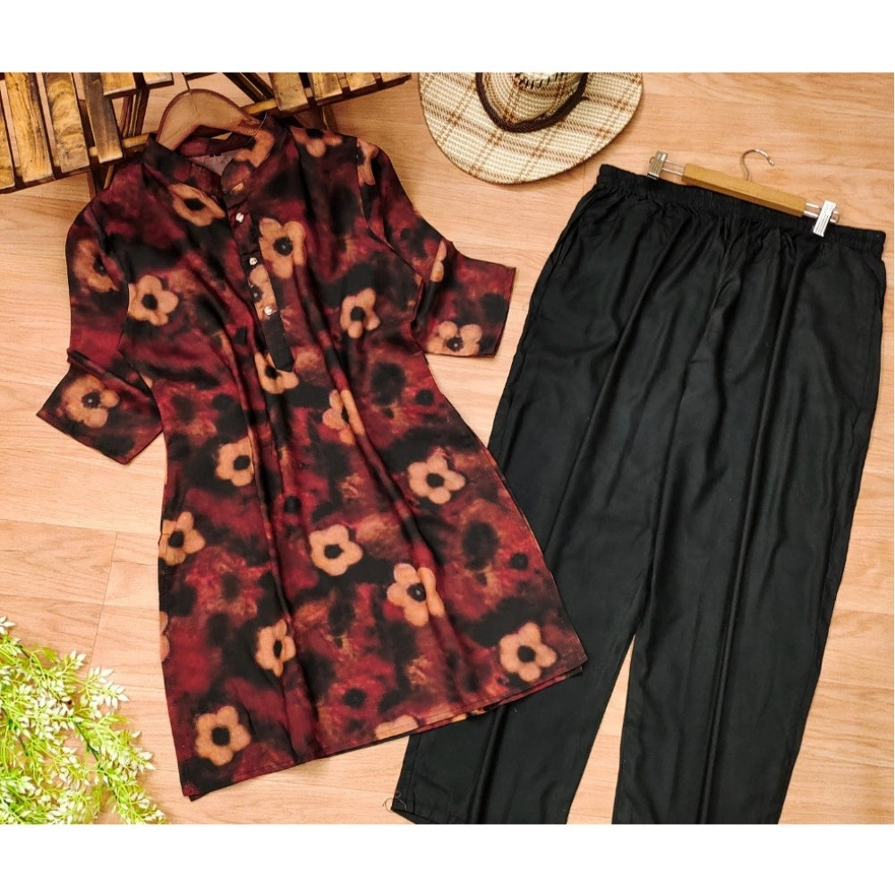 Generic Women's Muslin Printed Mandarin Collar 3-4 th Sleeve Kurti With Pant Set (Black)