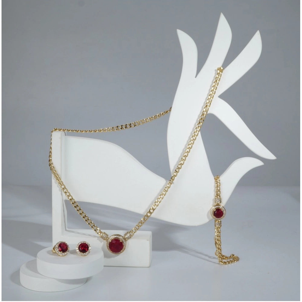 Generic Women's Stainless Steel Red Color Golden Chain Western Combo Jewelry (Gold Plated)