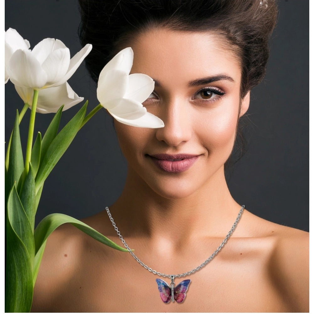 Generic Women's Stainless Steel Colorful Butterfly Pendent Dailywear chain (Silver Plated)