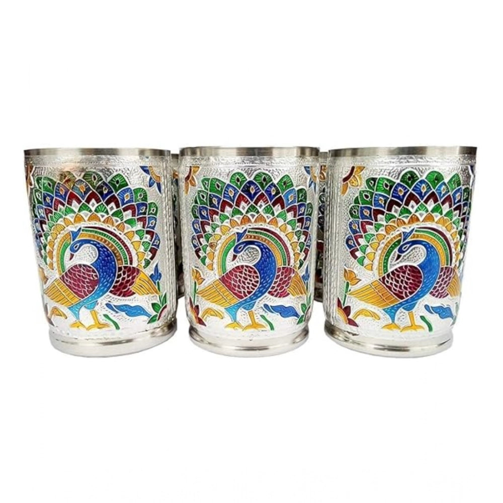 Generic Steel Meenakari Peacock Design Decorative Glass Set (Silver)