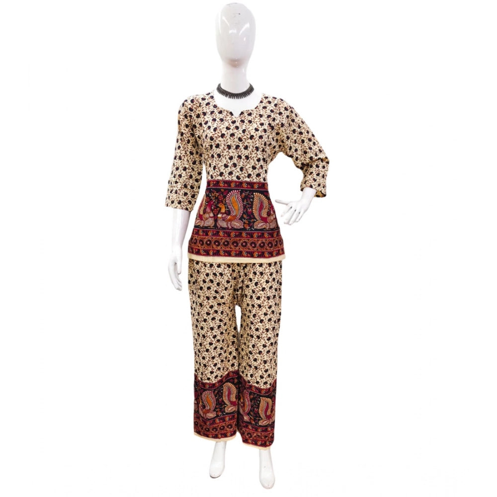 Generic Women's Cotton Jaipuri Printed 3-4th Sleeve Co ord Set (Multicolor)
