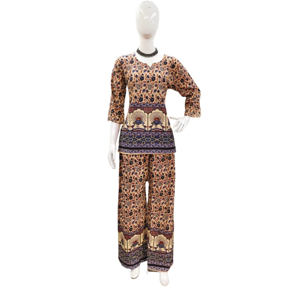 Generic Women's Cotton Jaipuri Printed 3-4th Sleeve Co ord Set (Multicolor)