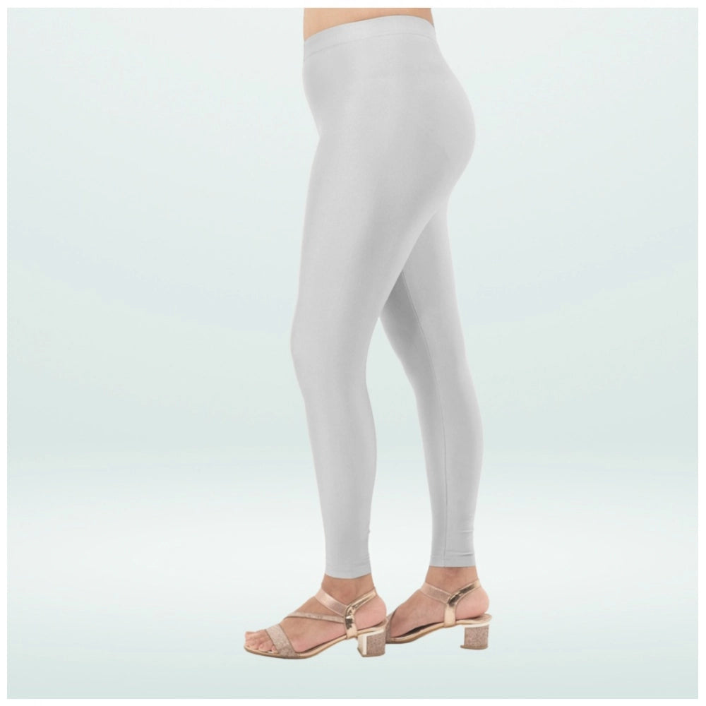 Generic Women's Cotton Blended Solid Shimmer Ankle leggings (Silver)
