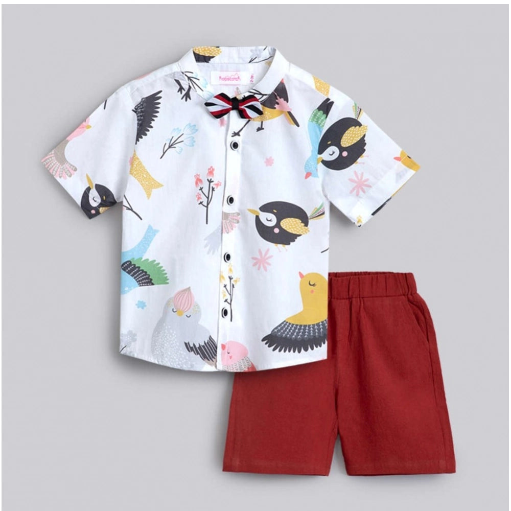 Generic Boy's Cotton Blend Printed Short Sleeve Shirt and Shorts Set (White)