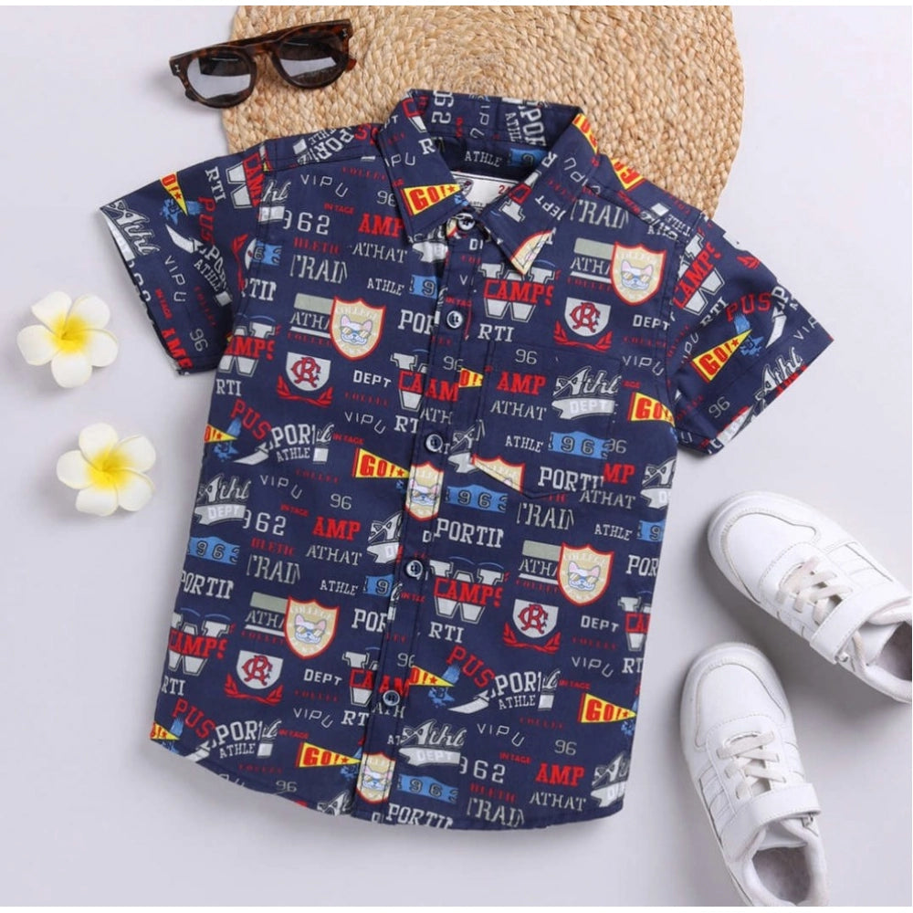 Generic Boy's Cotton Blend Printed Short Sleeve Shirt (Navy Blue)