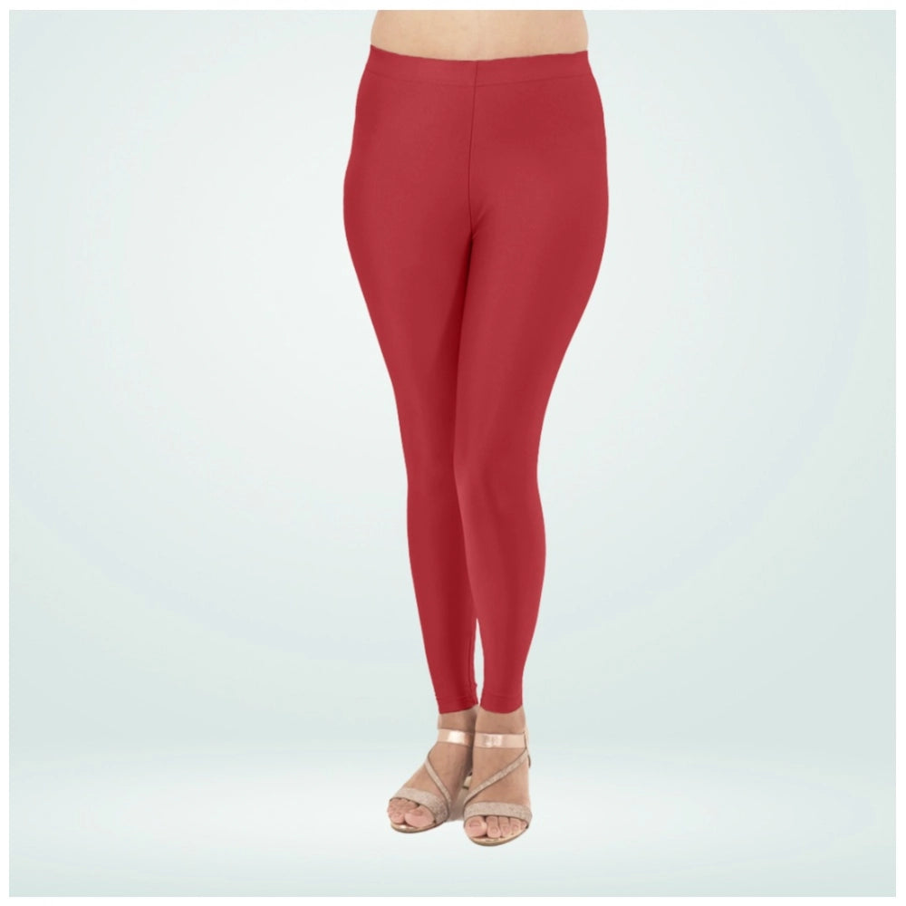 Generic Women's Cotton Blended Solid Shimmer Ankle leggings (Red Maroon)