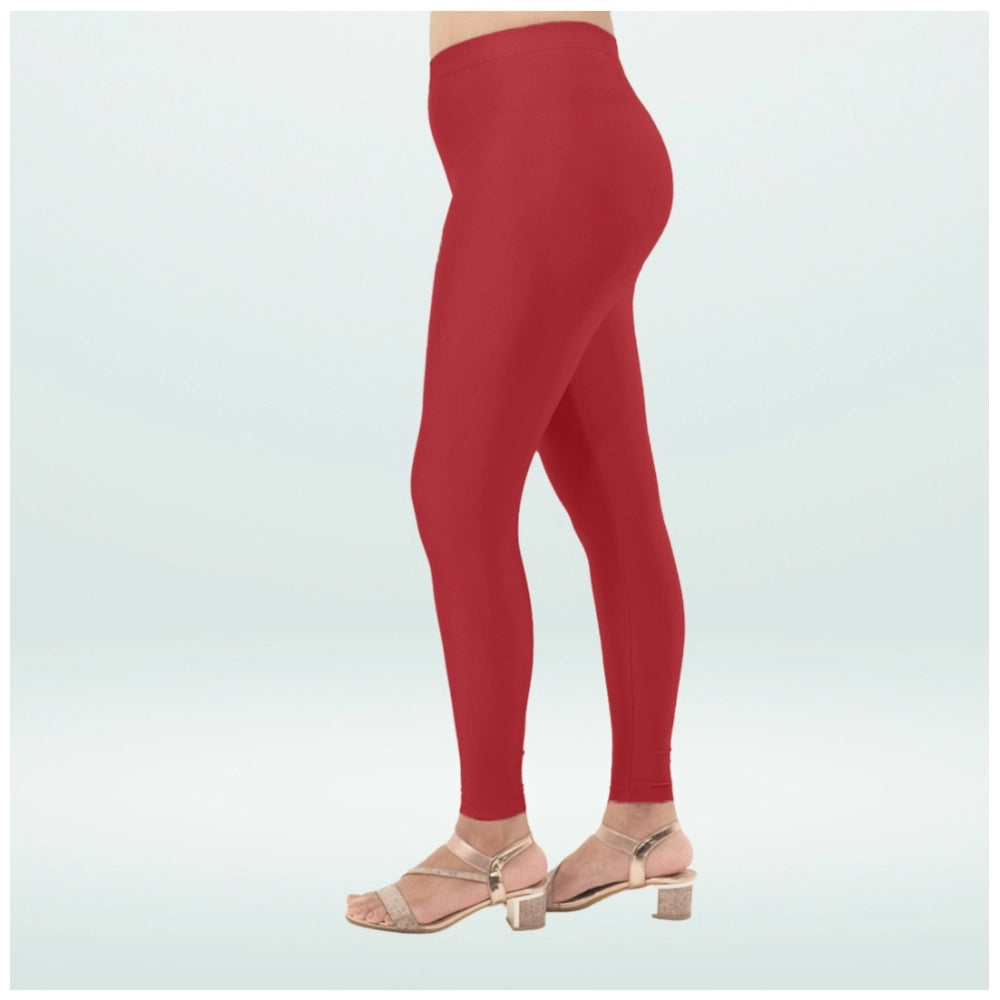 Generic Women's Cotton Blended Solid Shimmer Ankle leggings (Red Maroon)