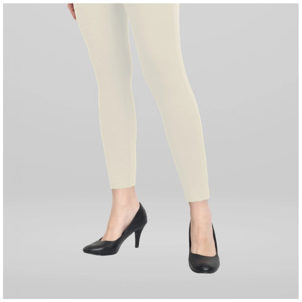 Generic Women's Cotton Blended Solid Ankle legging (Off White)