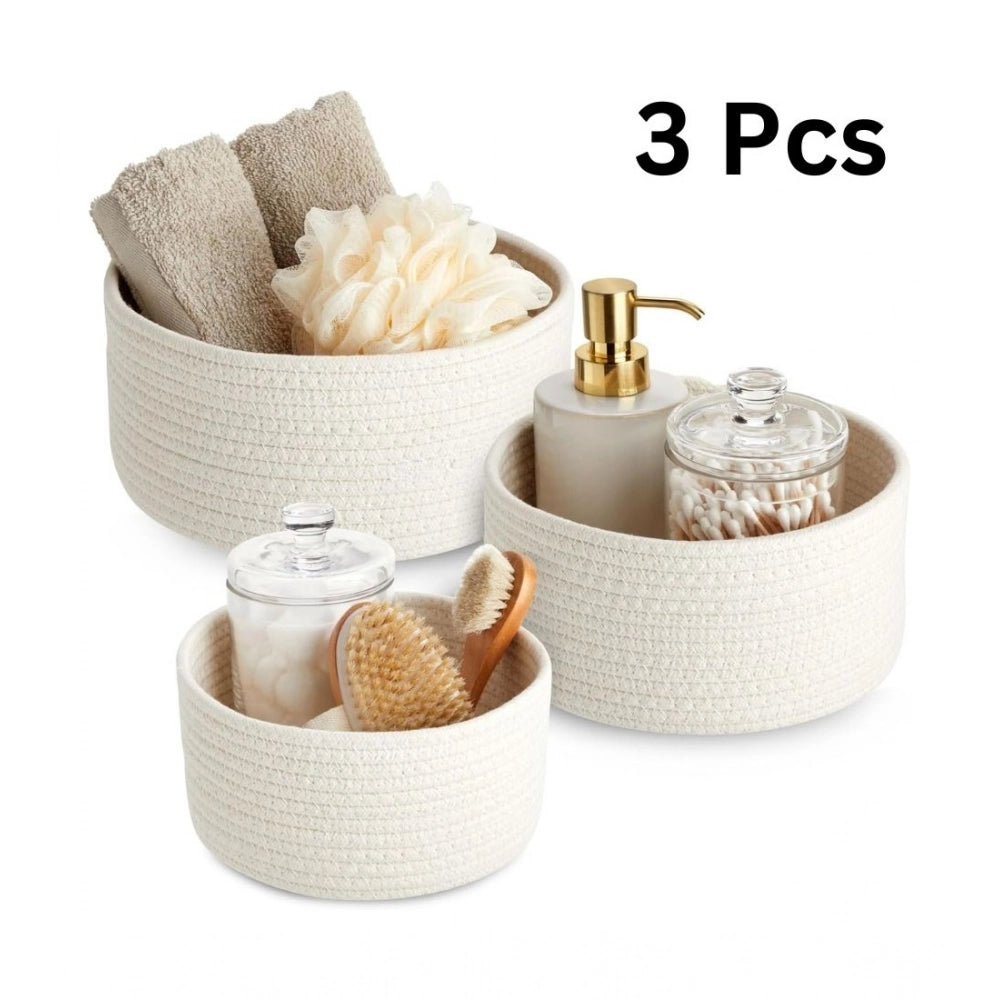 Generic Cotton Round Basket Pack of 3 Storage Basket For Clothes (White)