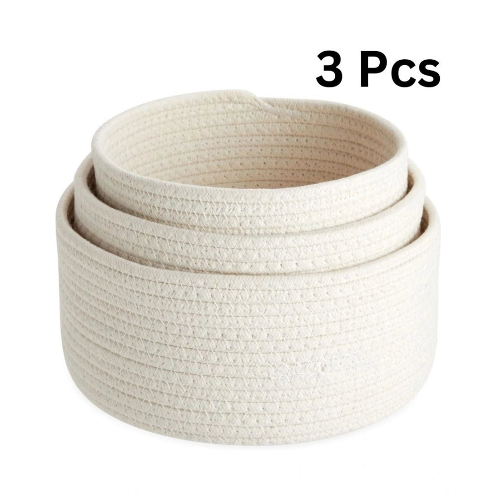 Generic Cotton Round Basket Pack of 3 Storage Basket For Clothes (White)