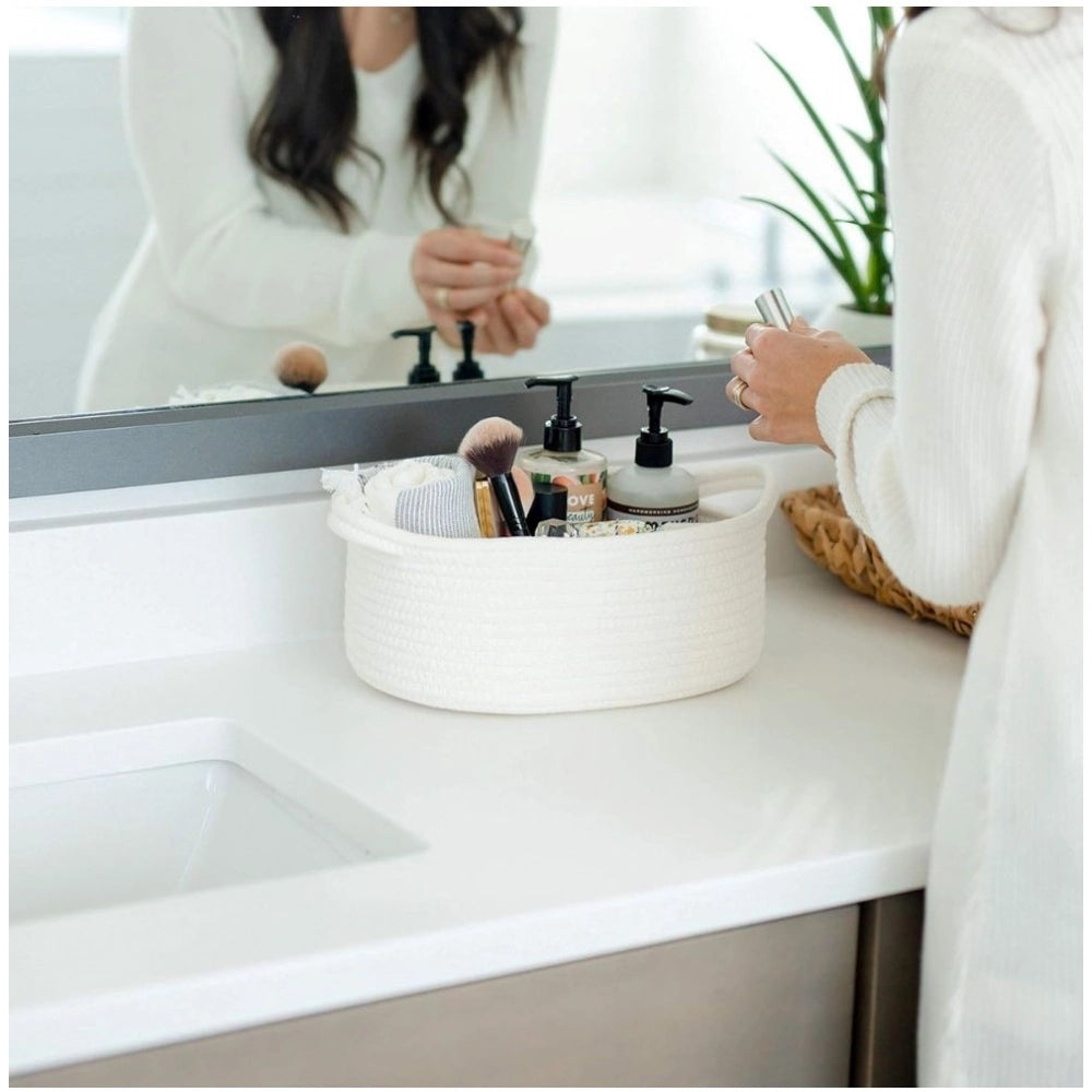 Generic Cotton Oval Basket Pack of 3 Storage Basket For Clothes (White)