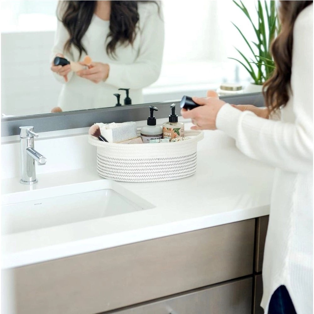 Generic Cotton Zigzag Oval Basket Pack of 3 Storage Basket For Clothes (White)