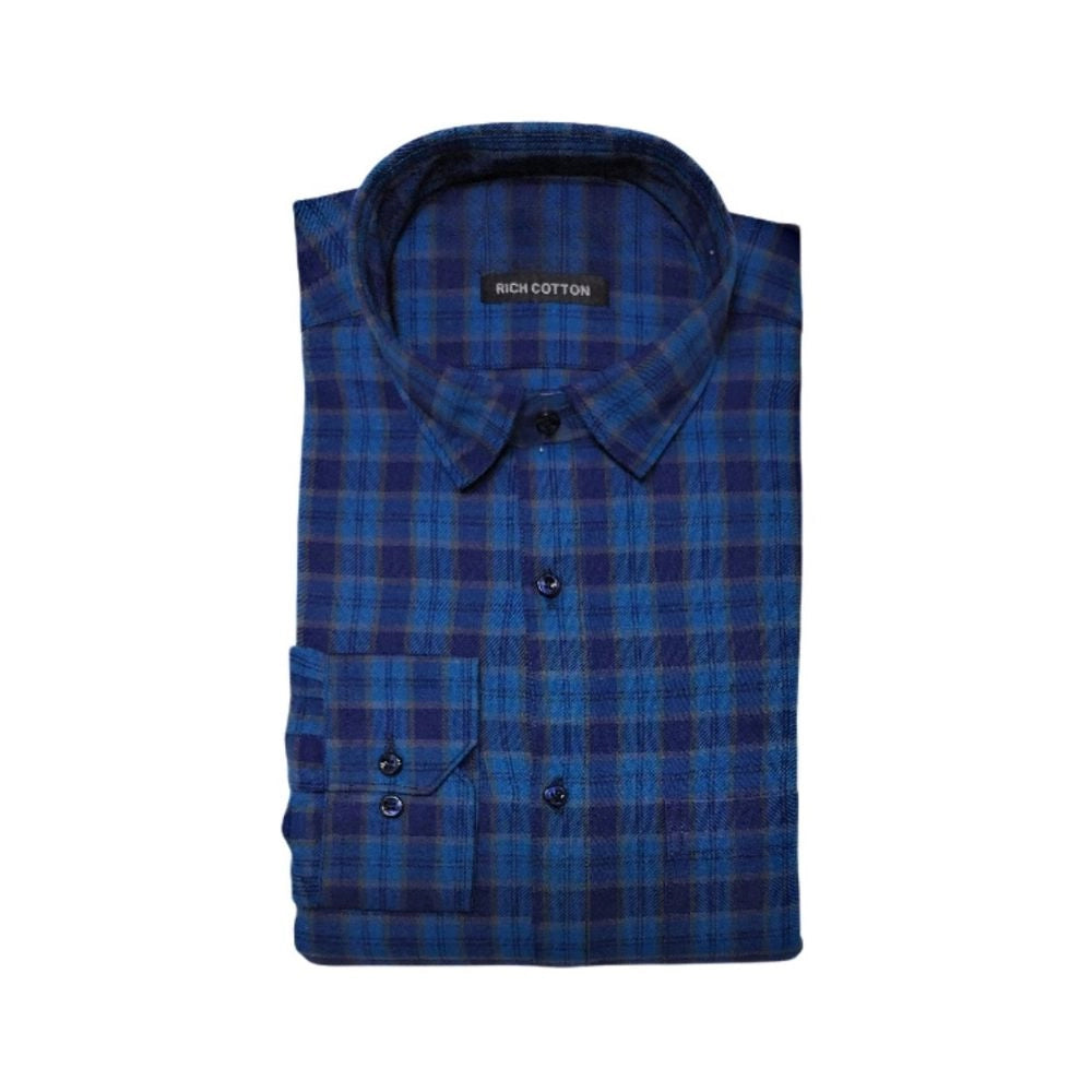 Generic Men's Cotton Lycra Full Sleeve Checked Casual Shirt (Dark Blue)