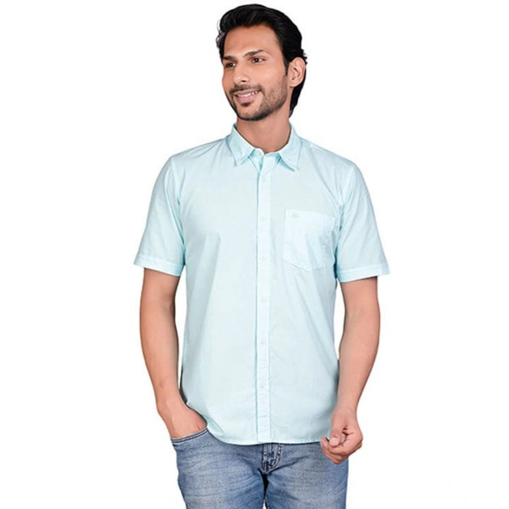 Generic Men's Casual Cotton Half Sleeve Solid Shirt (Turquoise)