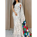 Generic Women's Cotton Linen Printed Saree With Unstitched Blouse 5.5Mtr (White)