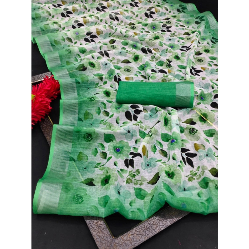 Generic Women's Cotton Linen Woven Design Saree With Unstitched Blouse 5.5Mtr (Green)