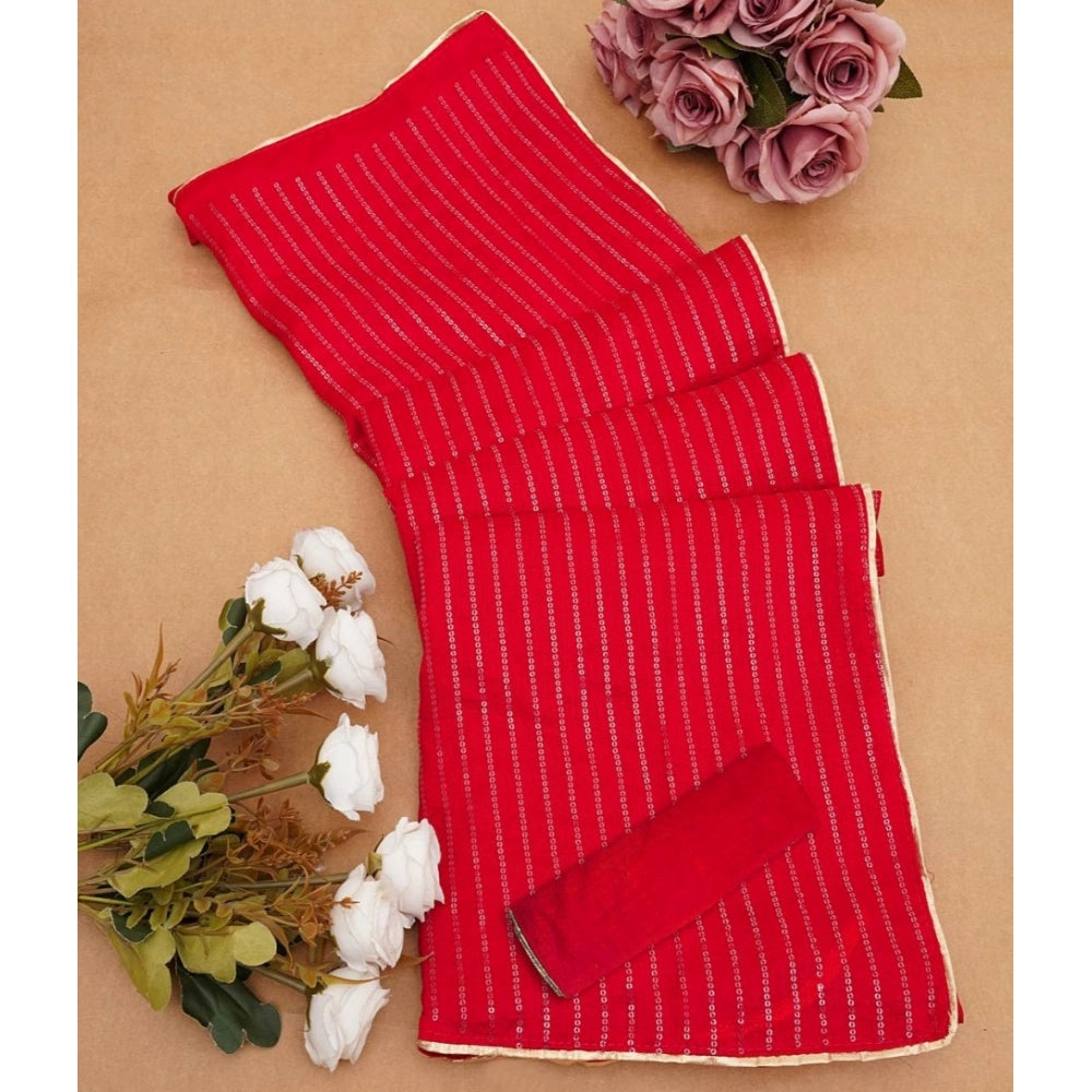 Generic Women's Vichitra Silk Striped Saree With Unstitched Blouse 5.5Mtr (Red)