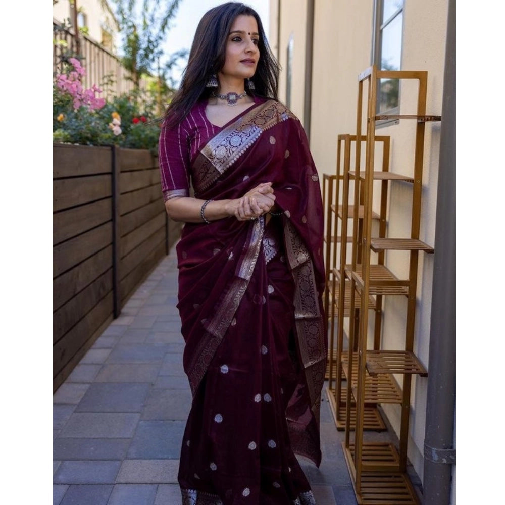 Generic Women's Cotton  Printed Saree With Unstitched Blouse 5.5Mtr (Maroon)