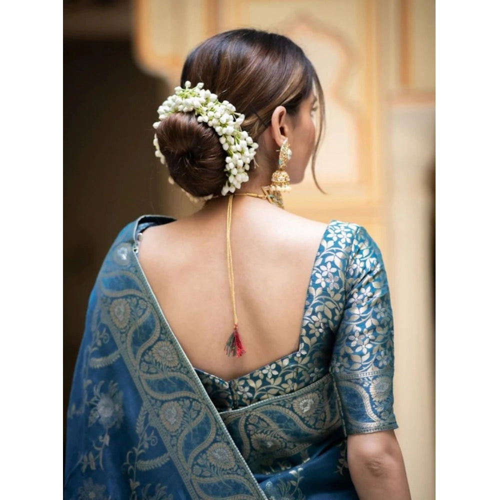 Generic Women's Silk Printed Saree With Unstitched Blouse 5.5Mtr (Teal Blue)