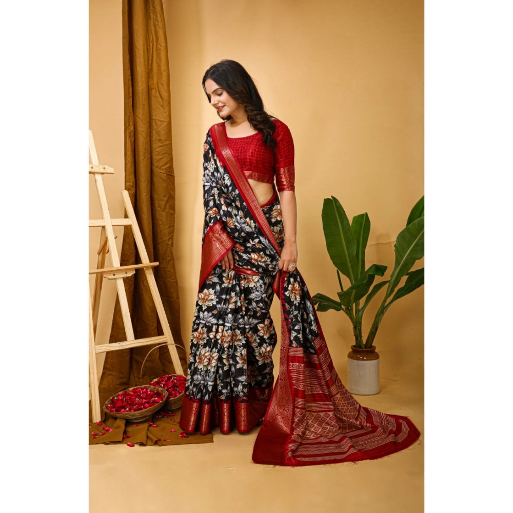 Generic Women's Soft Dola Cotton Kalamkari Printed Saree With Unstitched Blouse 5.5Mtr (Black)