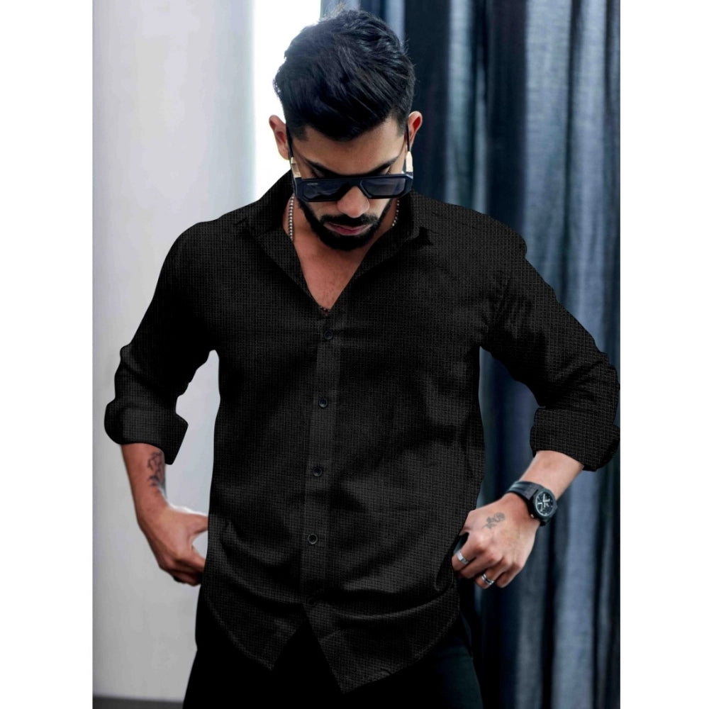 Generic Men's Casual PollyCotton Textured Full Sleeve Collar Shirt (Black)