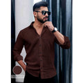 Generic Men's Casual PollyCotton Self-design Full Sleeve Collar Shirt (Brown)