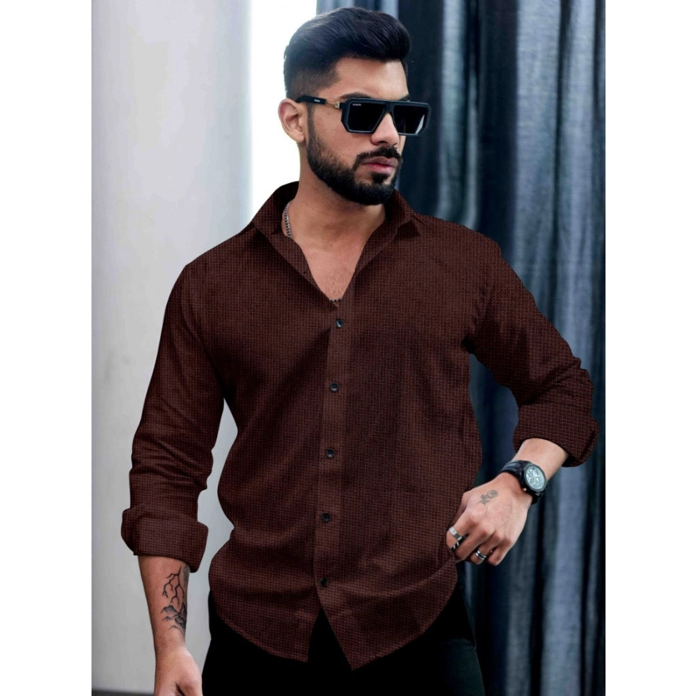 Generic Men's Casual PollyCotton Self-design Full Sleeve Collar Shirt (Brown)