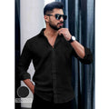 Generic Men's Casual PollyCotton Textured Full Sleeve Collar Shirt (Black)