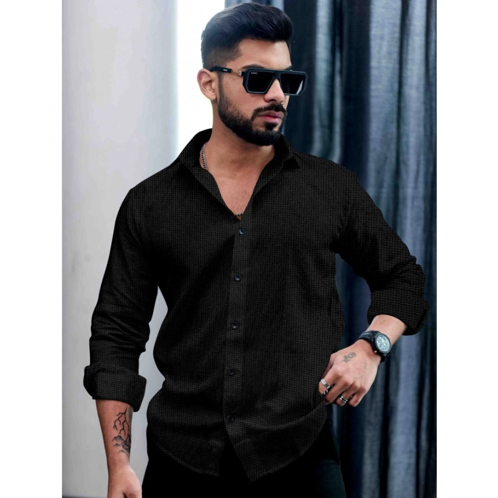 Generic Men's Casual PollyCotton Textured Full Sleeve Collar Shirt (Black)