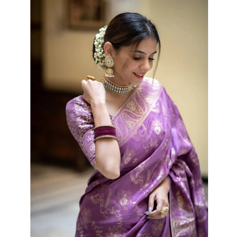 Generic Women's Art Silk Embellished Kanjivaram Saree With Unstitched Blouse (5.5Mtr, Lavender)