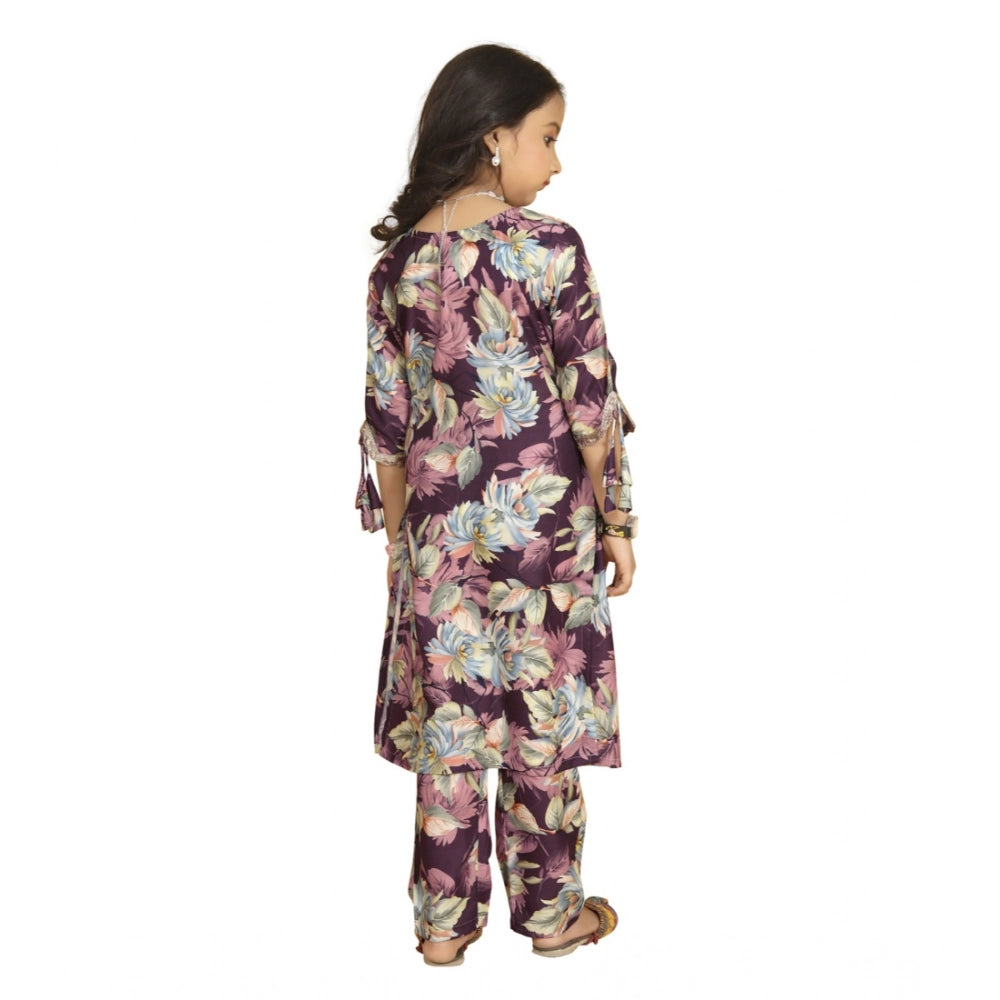 Generic Girl's Maslin Embrodrery Lace Aliya Cut Top With Bottom Dupatta Set (Purple)
