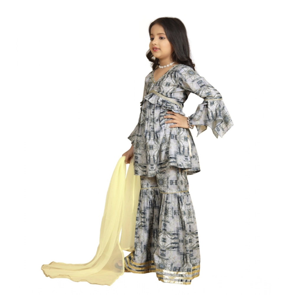 Generic Girl's Maslin Embrodrery Lace Aliya Cut Top With Sharara Dupatta Set (Grey)