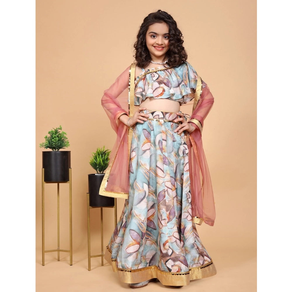 Generic Girl's Chiffon Printed Lehenga Choli Set (Blue)