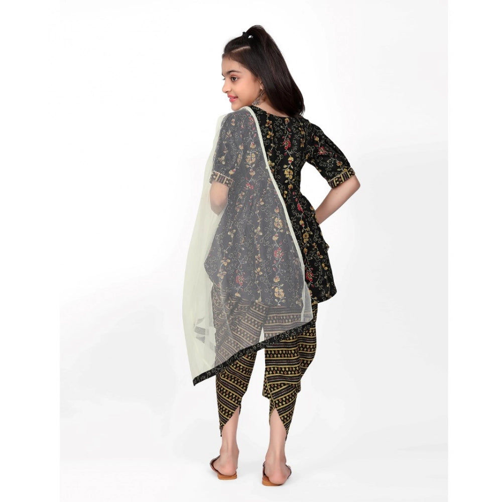 Generic Girl's Cotton Printed Kurtis With Dhoti Dupatta Set (Black)