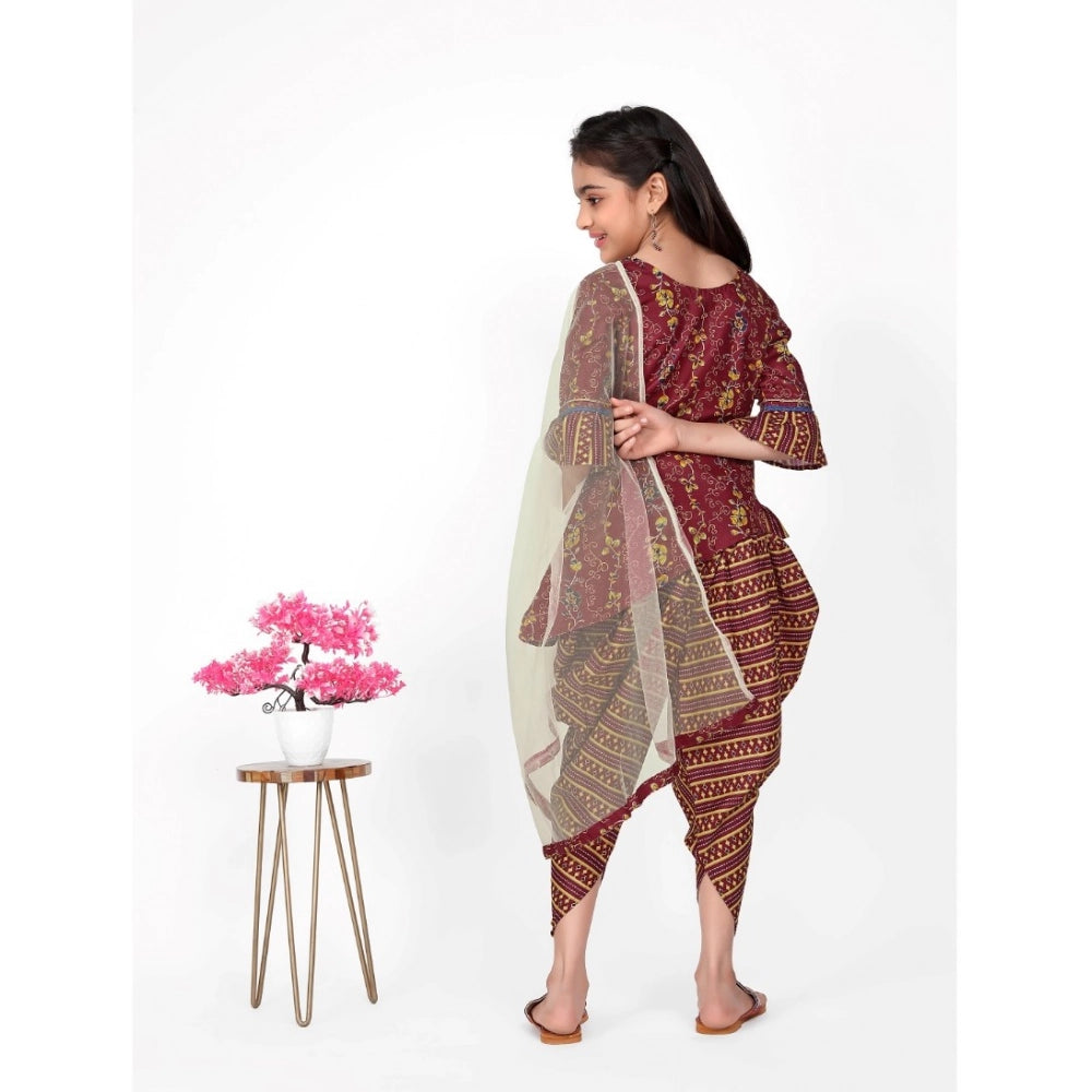 Generic Girl's Cotton Printed Kurtis With Dhoti Dupatta Set (Maroon)