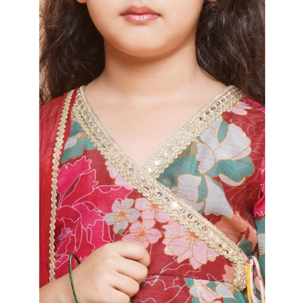 Generic Girl's Rayon Printed Codding Lace Anarkali-Style Suit (Maroon)