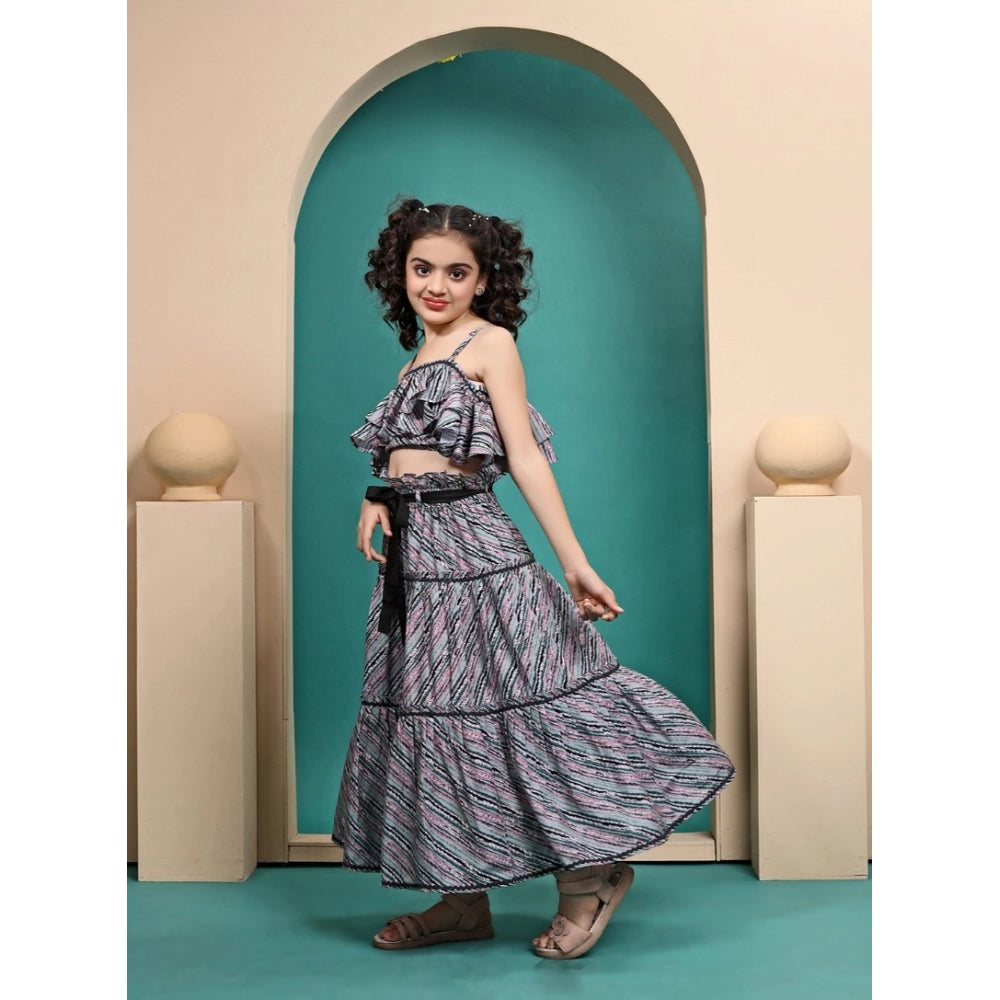 Generic Girl's Maslin Printed Crop Top And Fleared Skirt Set (Grey)
