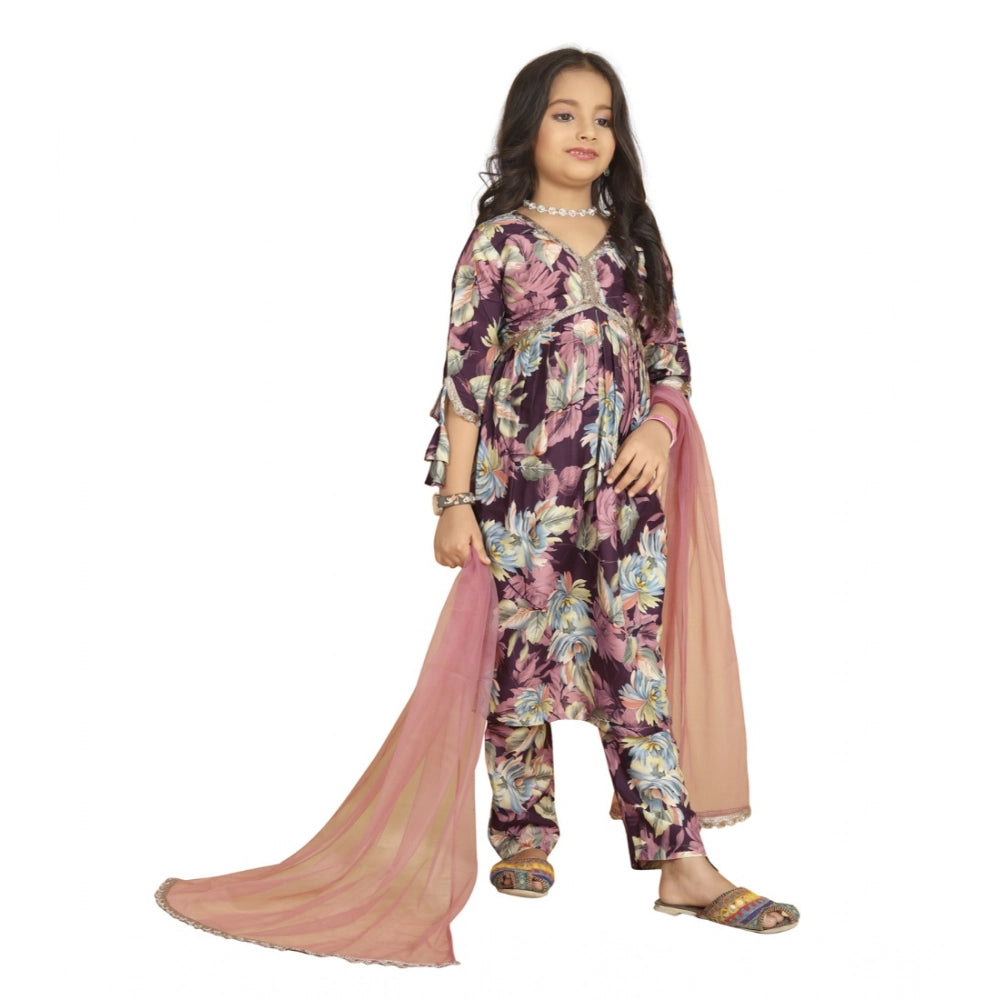 Generic Girl's Maslin Embrodrery Lace Aliya Cut Top With Bottom Dupatta Set (Purple)