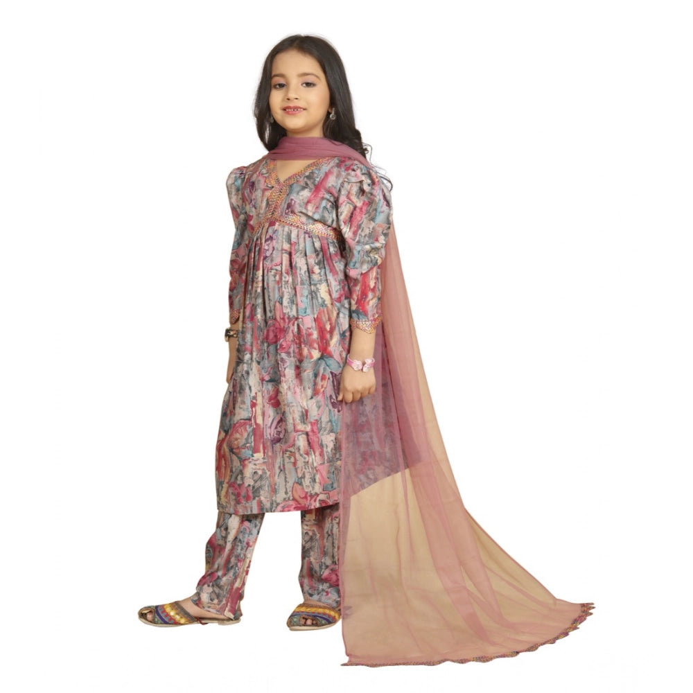 Generic Girl's Maslin Embrodrery Lace Aliya Cut Top With Bottom Dupatta Set (Multicolor)