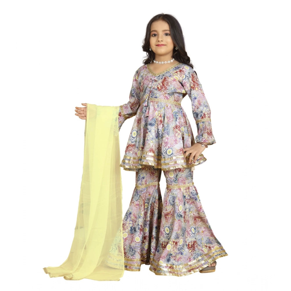 Generic Girl's Maslin Embrodrery Lace Aliya Cut Top With Sharara Dupatta Set (Baby Pink)