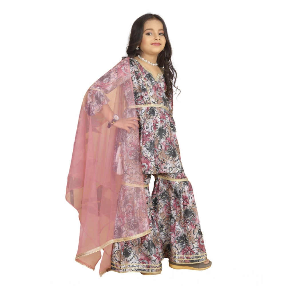 Generic Girl's Maslin Embrodrery Lace Aliya Cut Top With Sharara Dupatta Set (Pink)