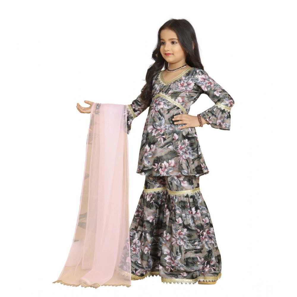 Generic Girl's Maslin Embrodrery Lace Aliya Cut Top With Sharara Dupatta Set (Grey Pink)